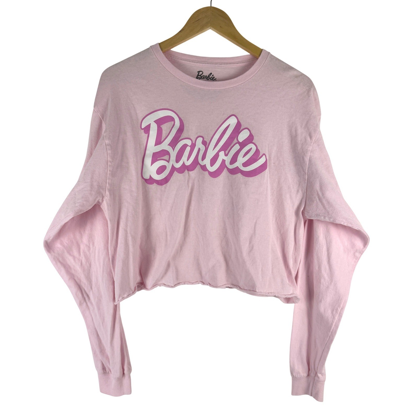 Forever 21 Barbie Pink Cropped Long Sleeve Graphic T-Shirt Cotton Retro L