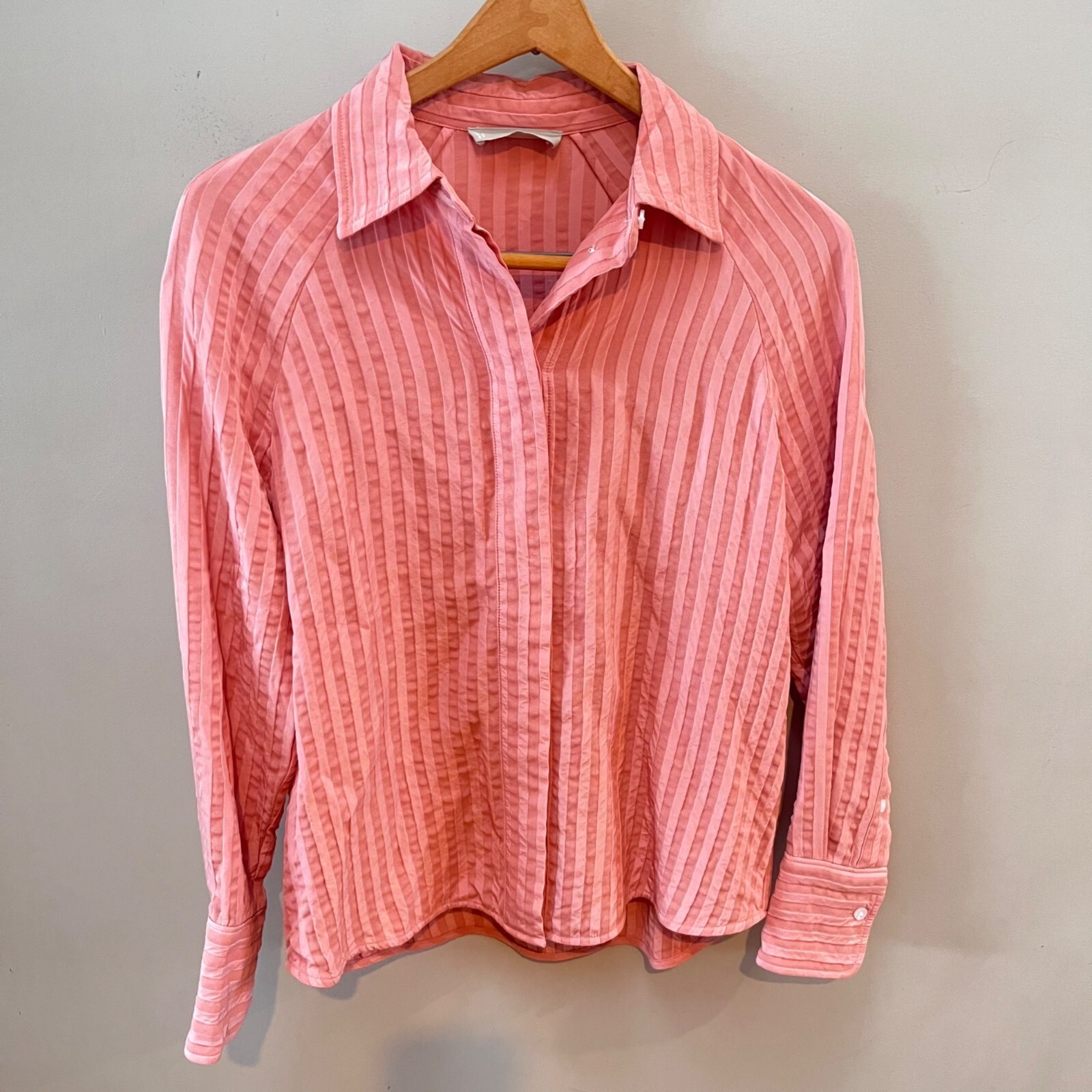 Everlane The City Stripe Rose Pink Button Up Raglan Blouse Size 2 Coral Pink