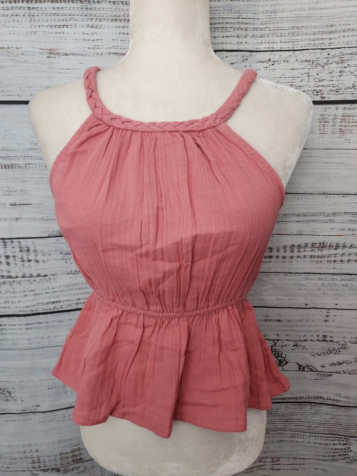 Sim & Sam Top Women’s Small Pink Braided Straps Elastic Waist Peplum Cotton NEW