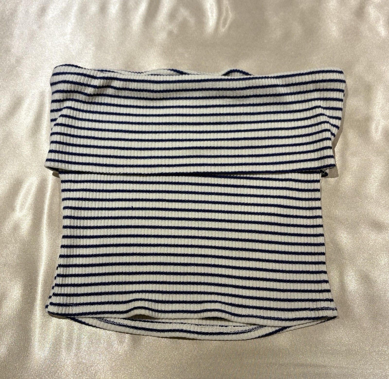 Gaze Blue/White Striped Ribbed Knit Strapless Stretch Tube Top