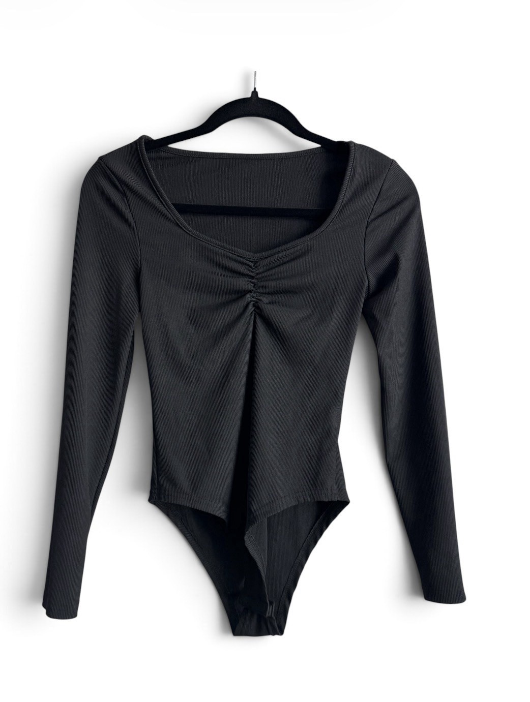 NWOT Black Ribbed Long Sleeve Bodysuit Ruched Sweetheart Size S