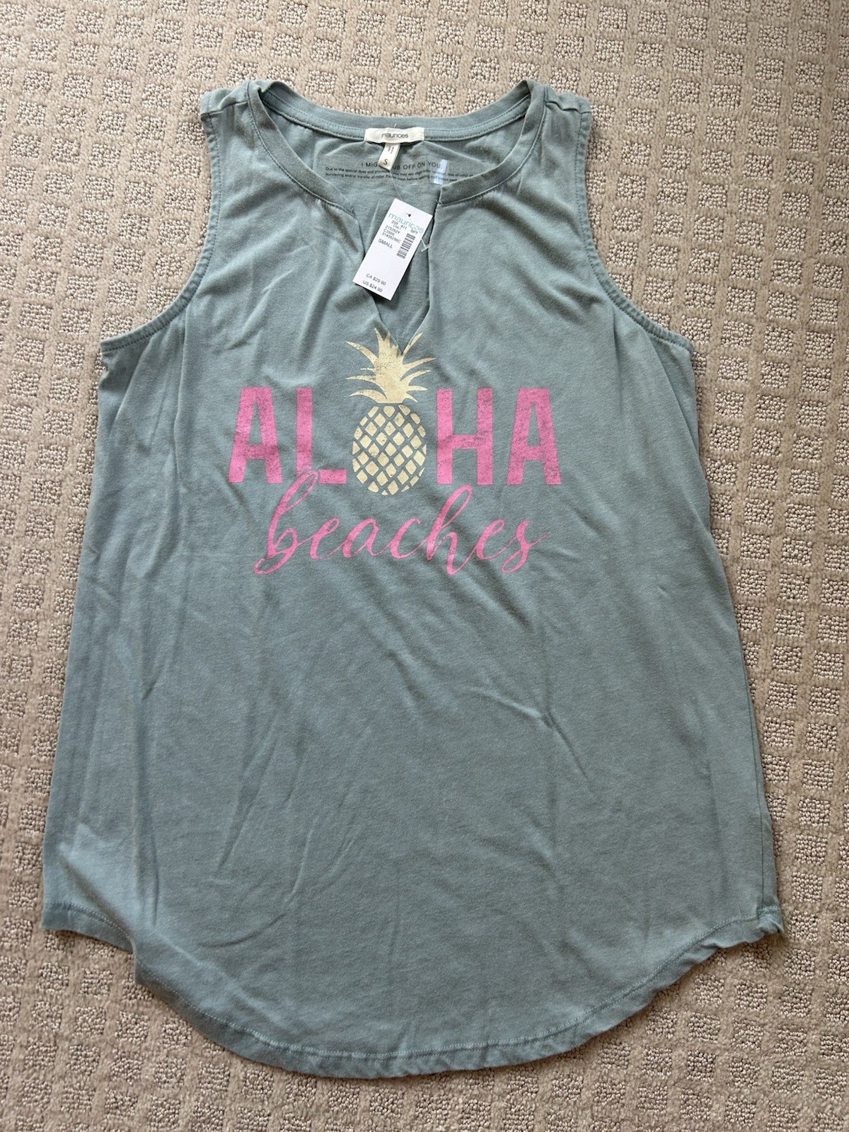 NWT Maurice’s Tank Top Aloha Beaches Green Shirt NEW Size Small