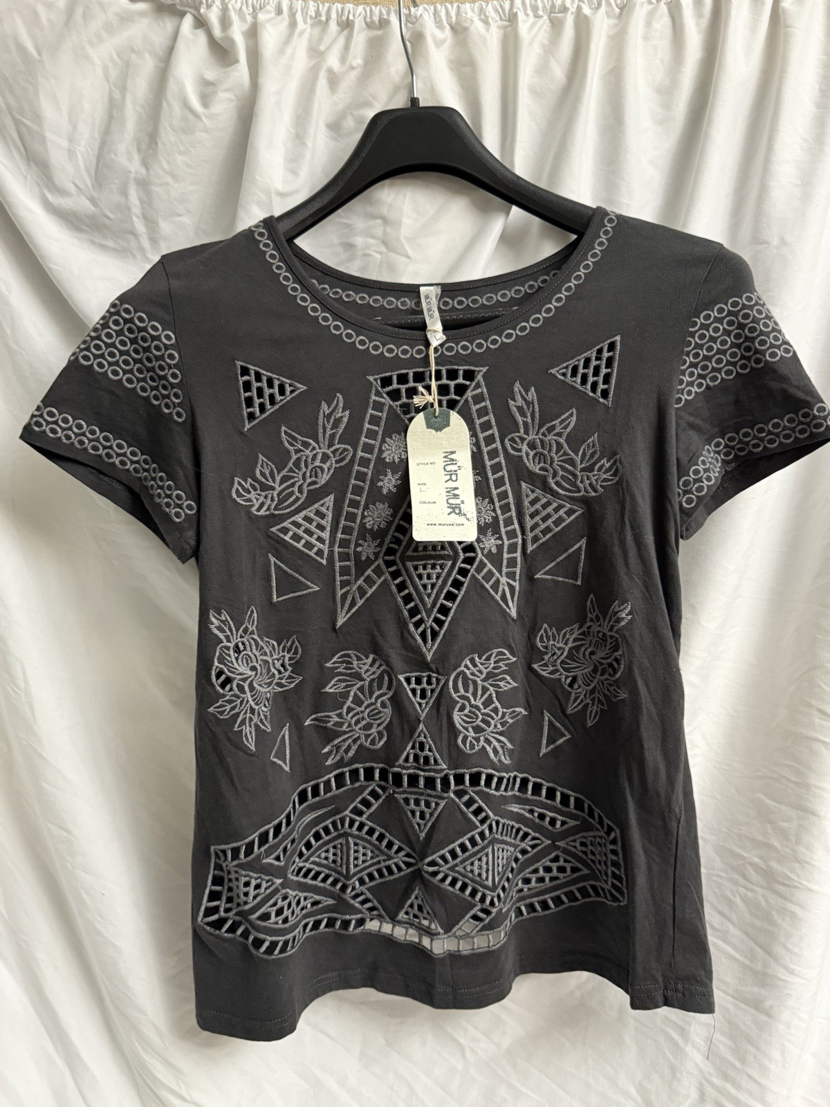 MurMur Womens Shirt Large Gray Round Neck Lace Embroidery Short Sleeve Top