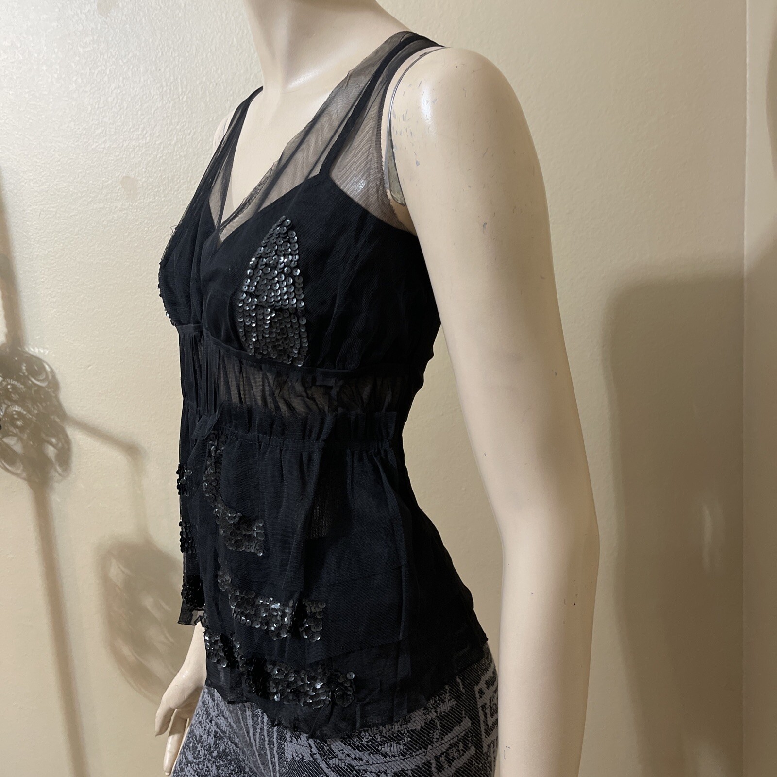 Women’s Black Polyester Cocktail Layered Lace Beaded Pleated Size L Blouse Top