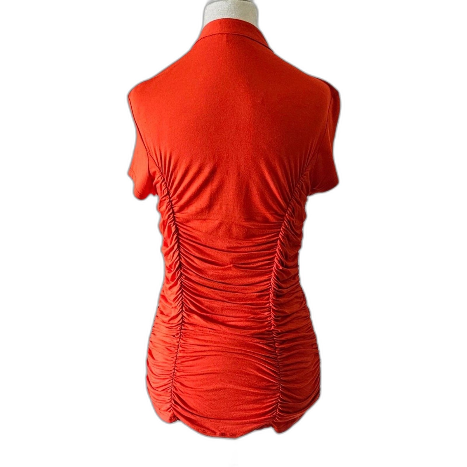 Timing Women Ruffled Orange Top Button Up V Neck Short Sleeves Size L