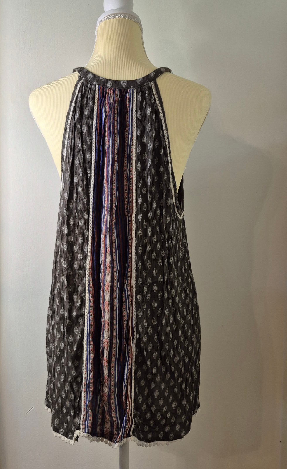 Women L Mixed Print Pom Pom Hem Top Boho Festival Coastal Grandmother Earthy