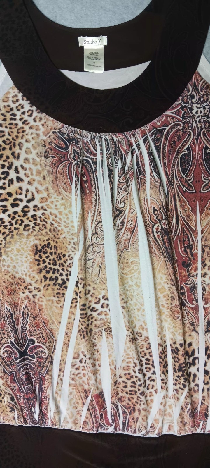 Studio Y Y2K Sleeveless Blouse Womens Size Medium Brown Leopard Print Paisley…