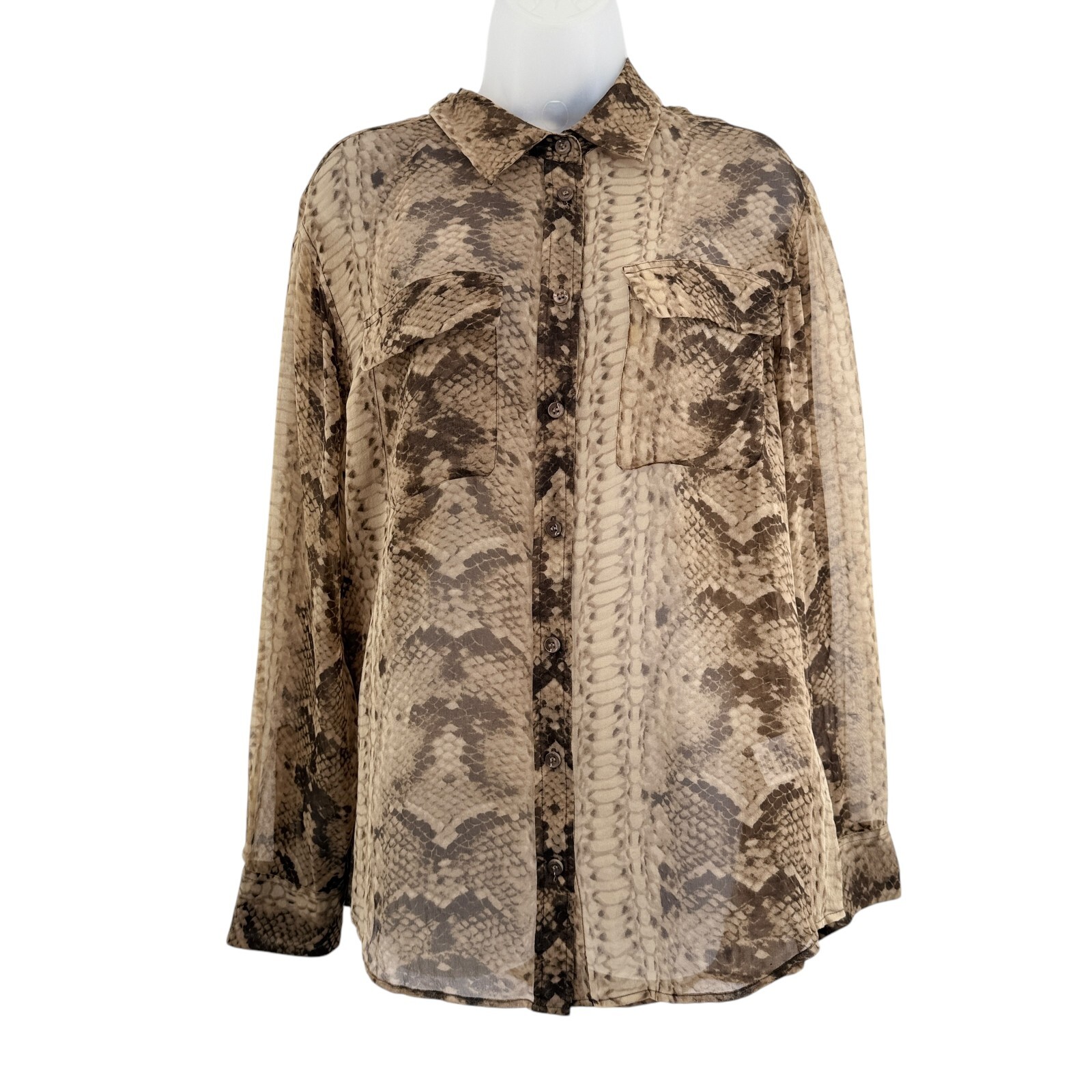 Equipment Womens Snake Print Silk Button Up Shirt Brown Tan Size Medium Sheer