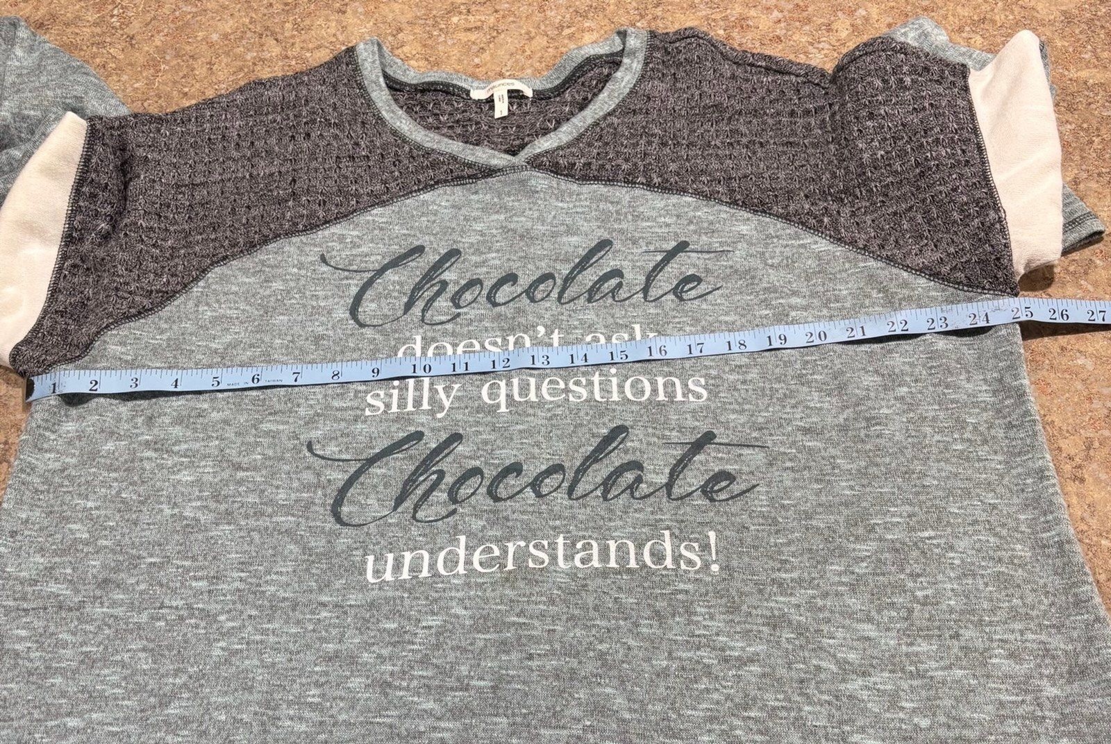 Graphic Long Sleeve Top “Chocolate” Quote – Heather Teal & Charcoal