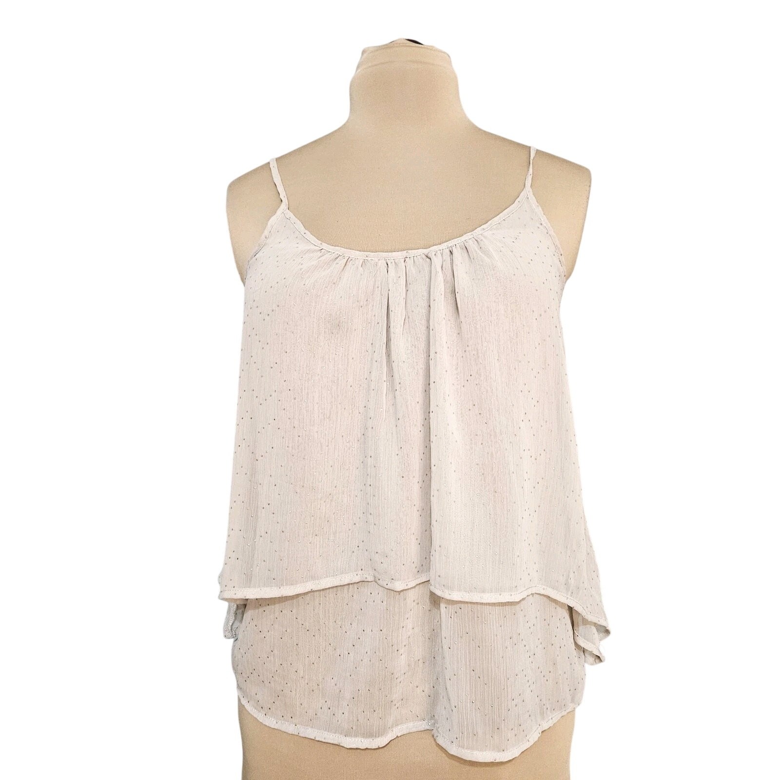 Xhilaration Tank Top Cream Gold Polka Dot Sheer Tiered Layer Fairy Y2K Flouncy