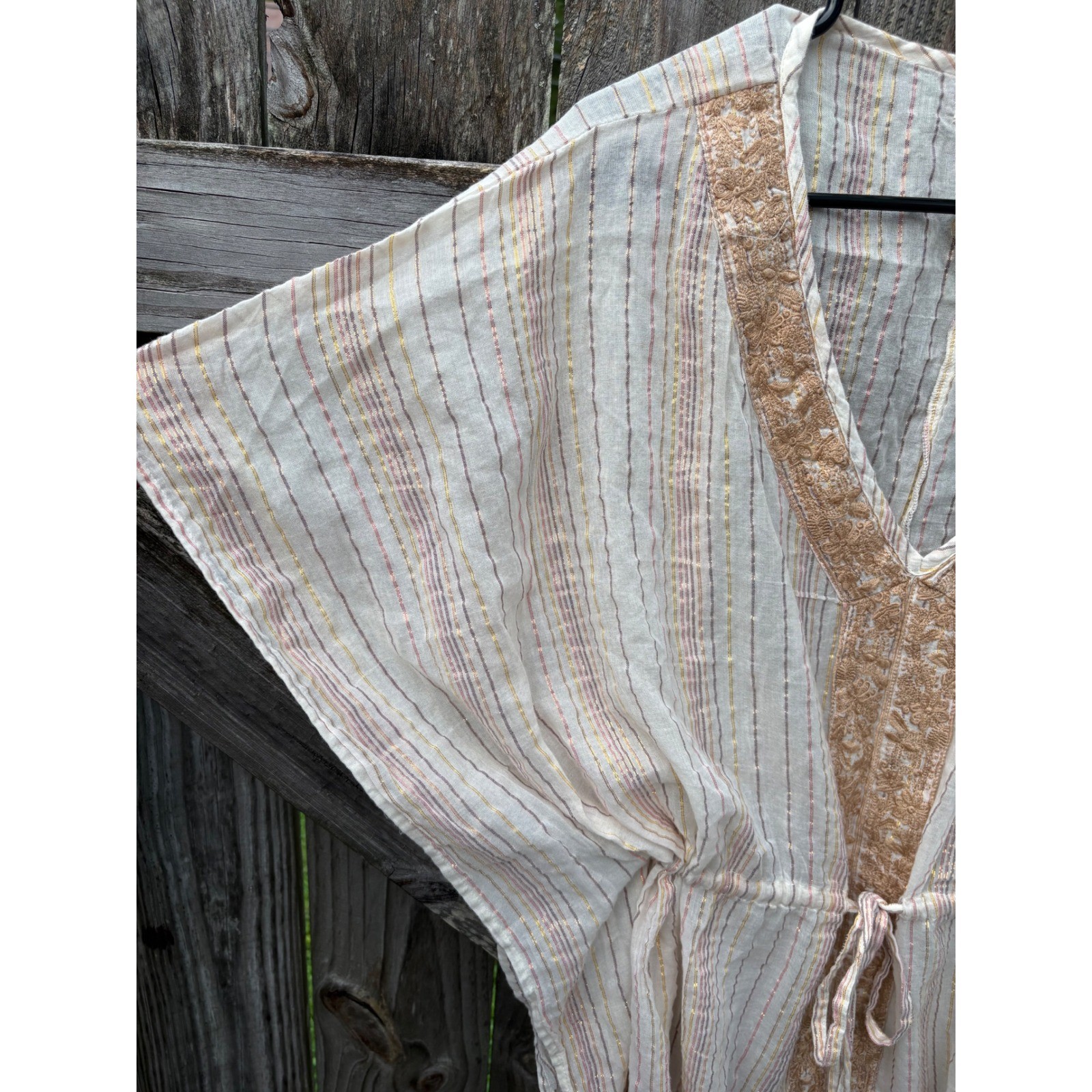 World Market Women Metallic Striped Embroidered Kaftan Top One Size Cream Gold