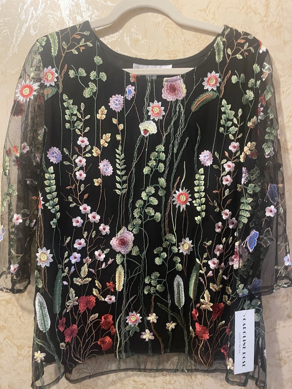 Caroline Rose Womens Black Tunic Top Embroidered Floral Multi Color PL NWT $285