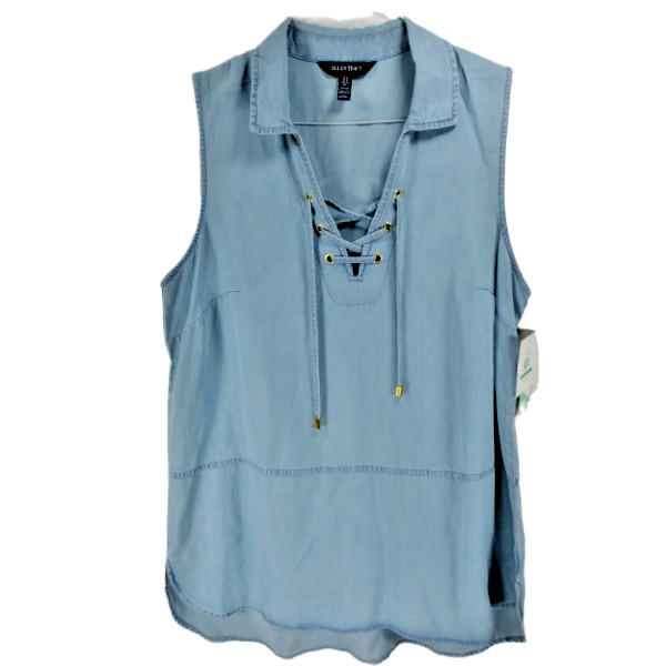 New Ellen Tracy Light Wash Blue Jean L Tencel Lace Up Sleeveless Collared Shirt