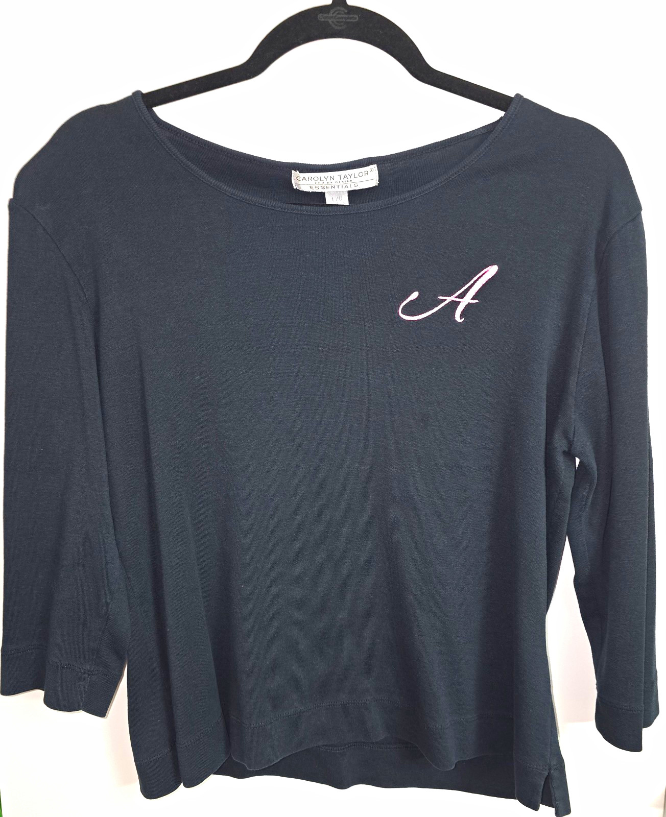 Carolyn Taylor Essentials Women’s L/G Black Cotton Knit 3/4 Pink Embroidered A
