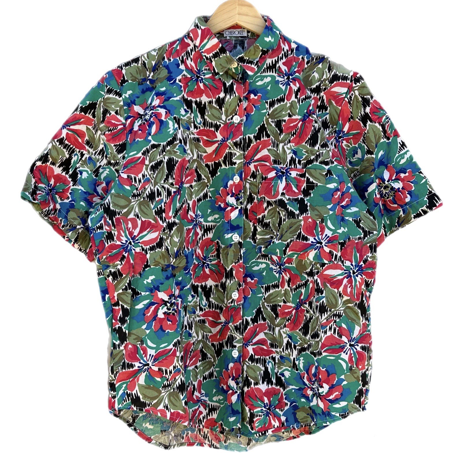 Vintage 90s Cherokee Hawaiian Aloha Shirt Womens Medium Colorful USA Made