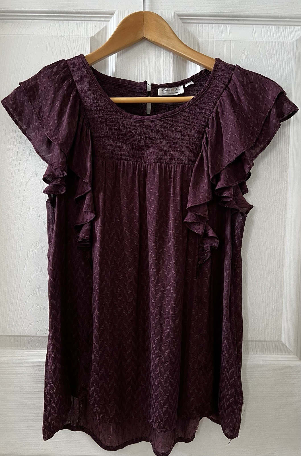 Meadow Rue by Anthropologie Women Sz 4 Small Eggplant Ruffled Cap Sleeve Blouse