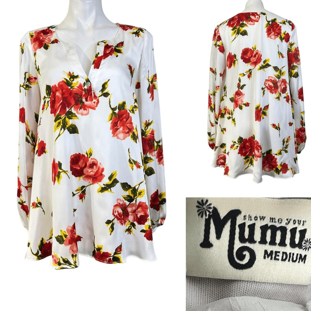 Show Me Your Mumu blouse Med white floral long sleeve office business casual