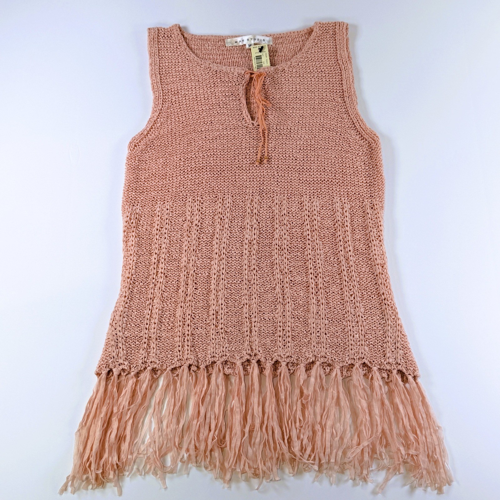 Max Studio Peach Knit Sleeveless Fringe Hem Top Keyhole Tie Womens Medium 269C3