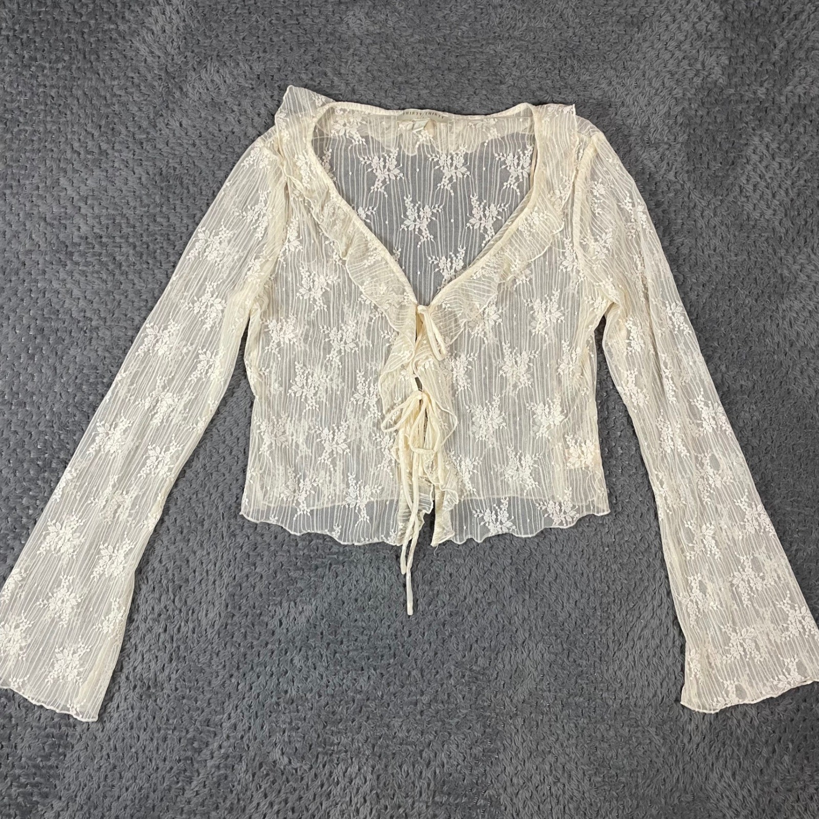 Thirty Thirty LA Lace Ruffle Front Bell Sleeve Cardigan Large Floral Coquette