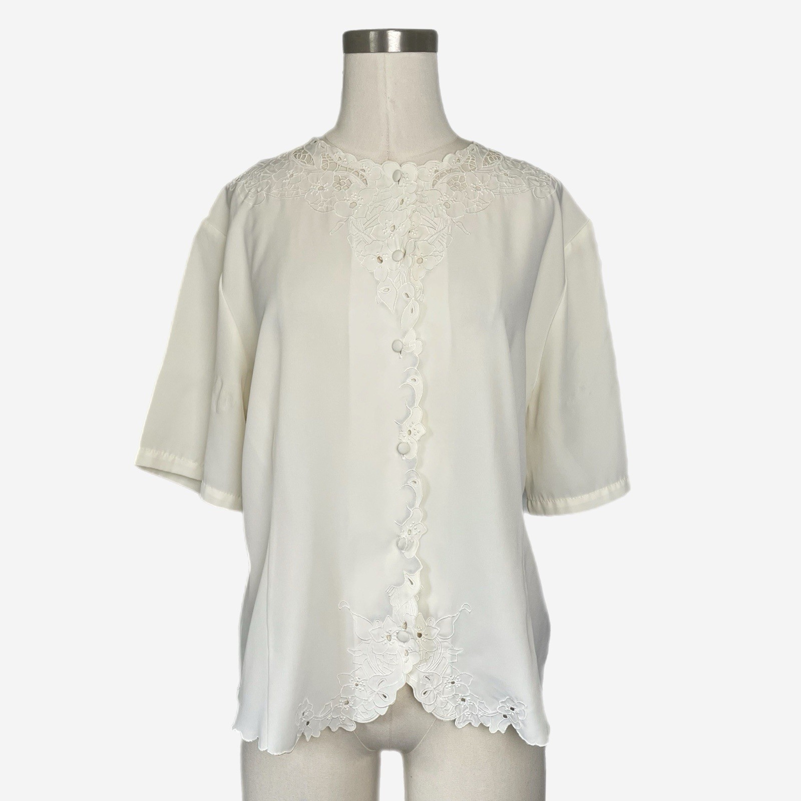 Vintage 90s Claudia Richard ivory short sleeve floral embroidered cutout top M