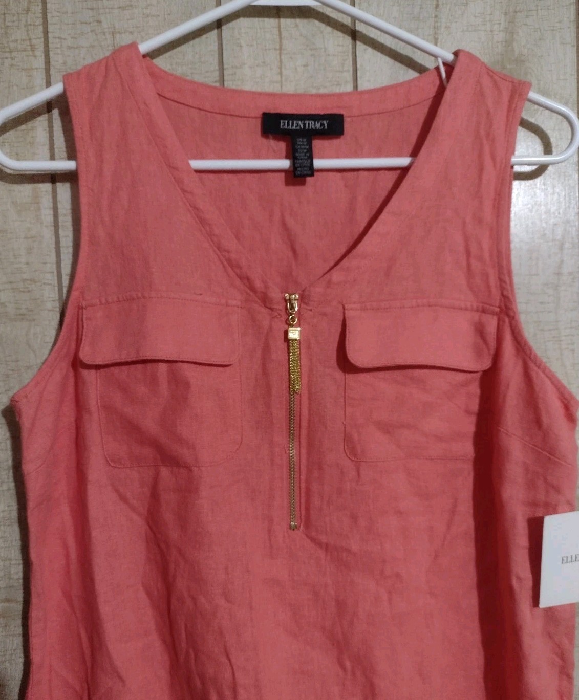 Ellen Tracy NWT Solid Coral Linen Viscose V-Neck Sleeveless Zip Front Top M