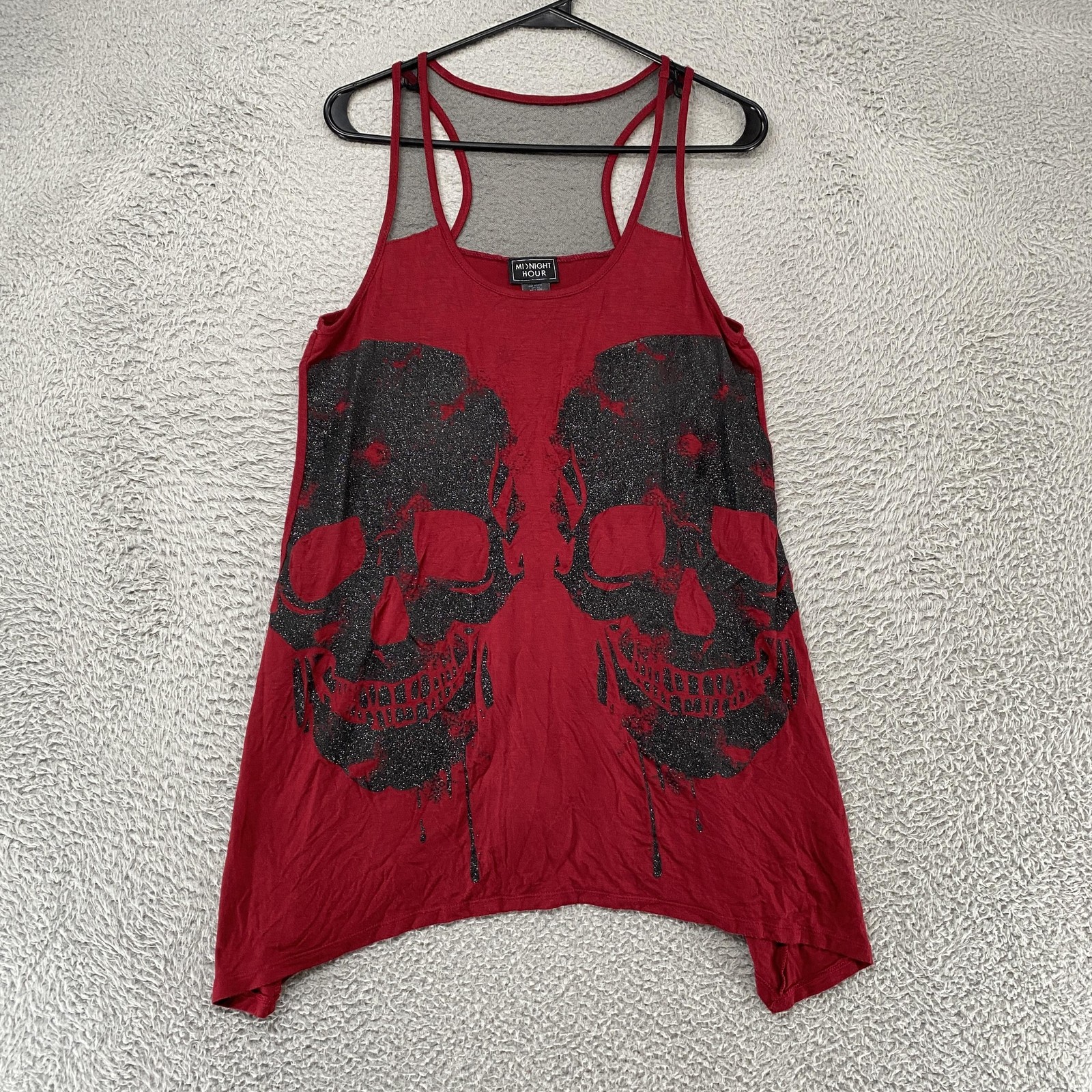 Midnight Hour Tank Top Womens Medium Red Skull Glitter Racerback Tunic Goth