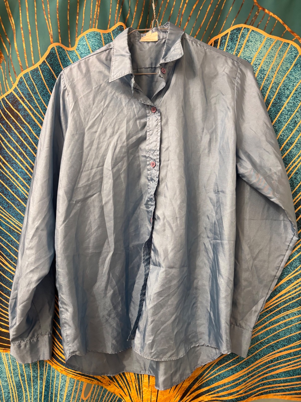 Rifles Medim Large Womens Blue 100% Pure Silk Long Sleeve Button Up Formal Shirt