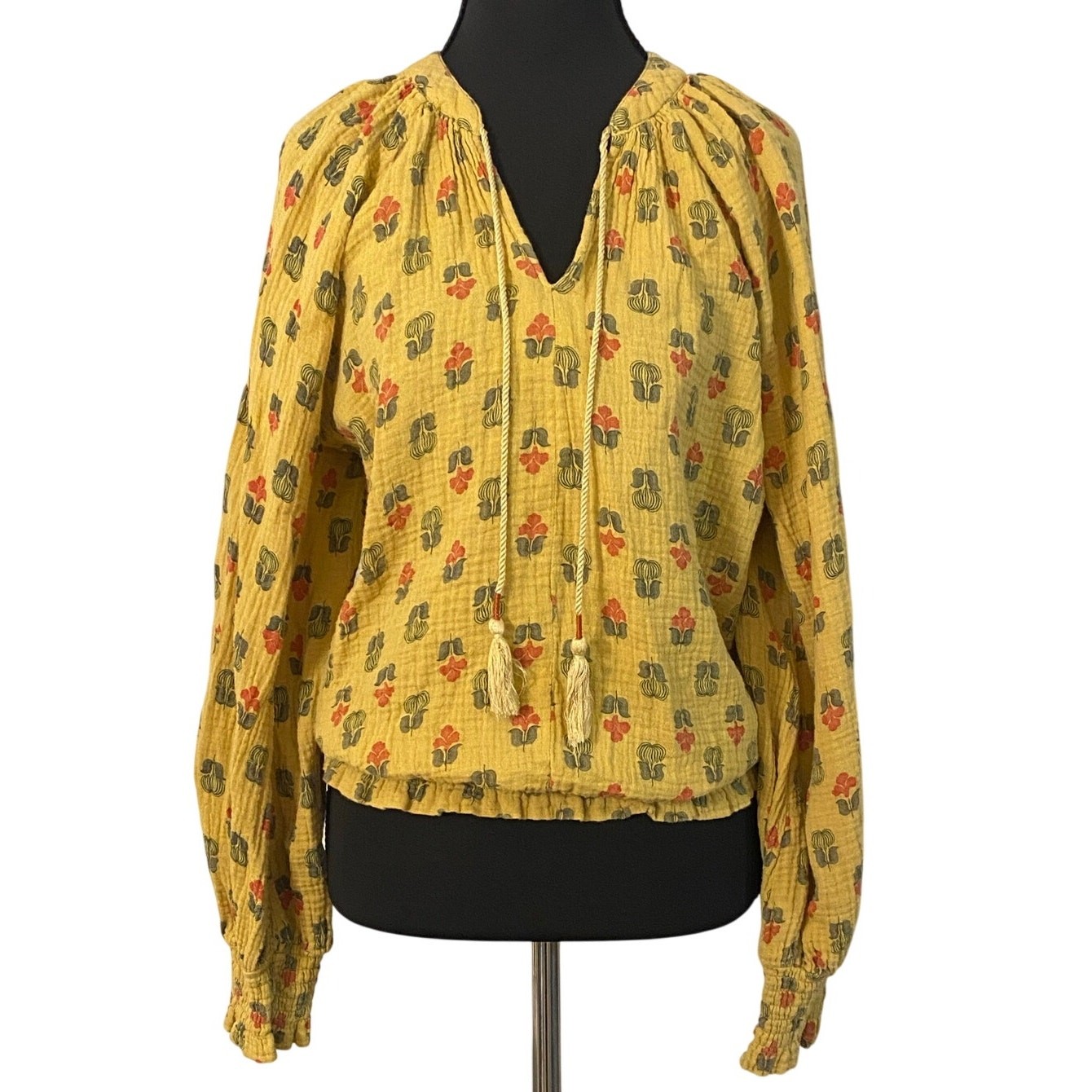 Porridge Mustard Yellow Floral Peasant Blouse Boho Cottagecore Gauze Top S Folk