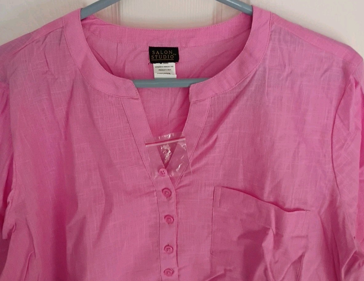 Haband Salon Studio Linen Cotton Blouse 1/2 Button 3/4 Sleeve LARGE BV4 ORCHID
