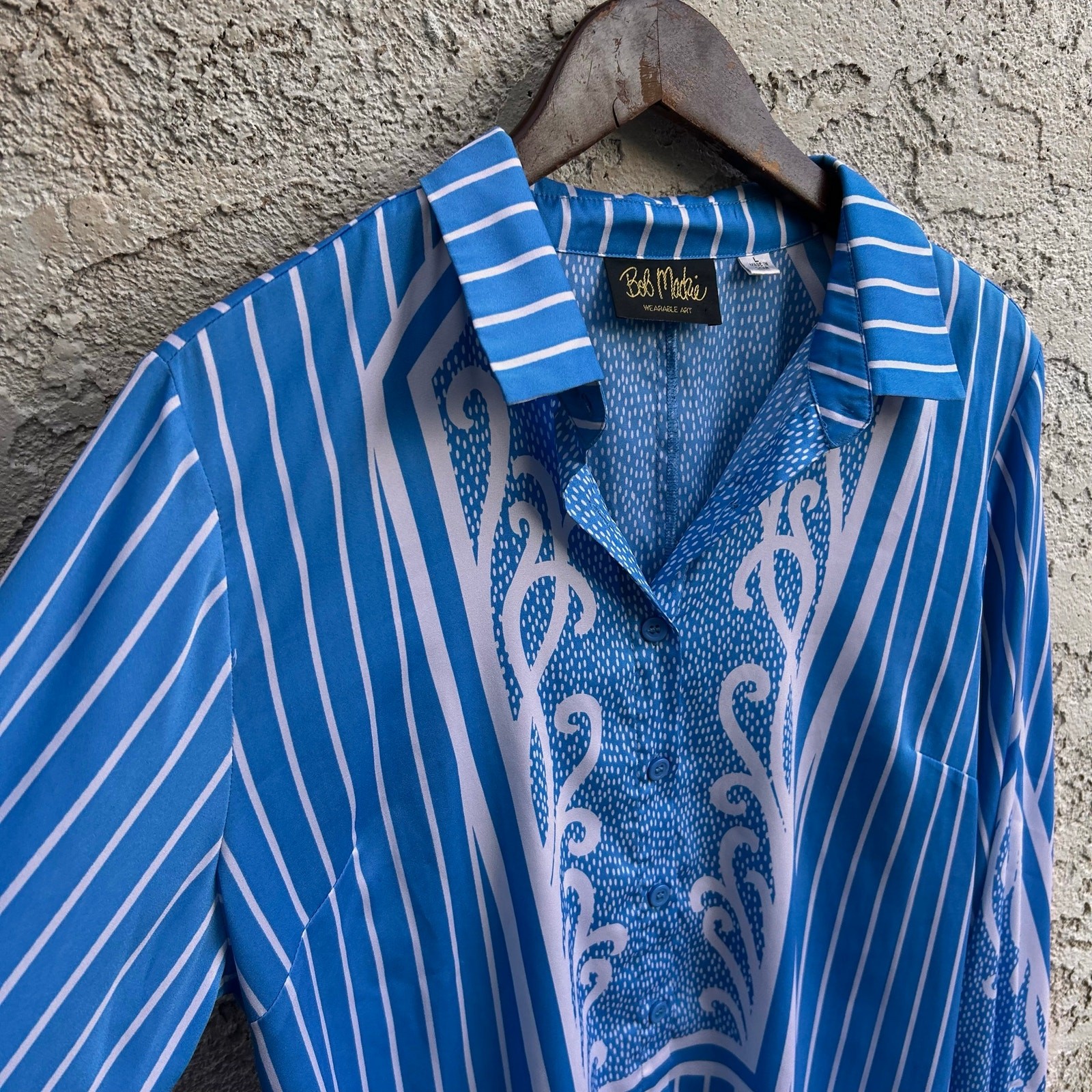Vintage Bob Mackie Wearable Art Blue Striped Scroll Print Button Front Blouse L