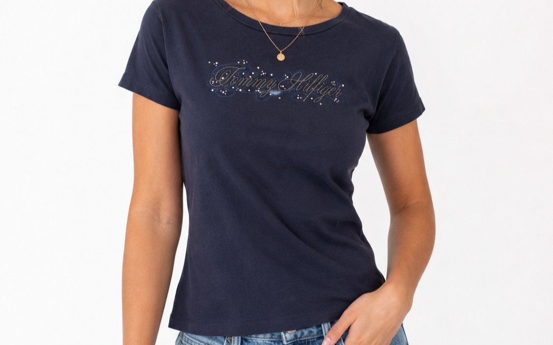 Tommy Hilfiger Womens XL T Shirt Navy Script Logo Rhinestone Y2K Short Sleeve