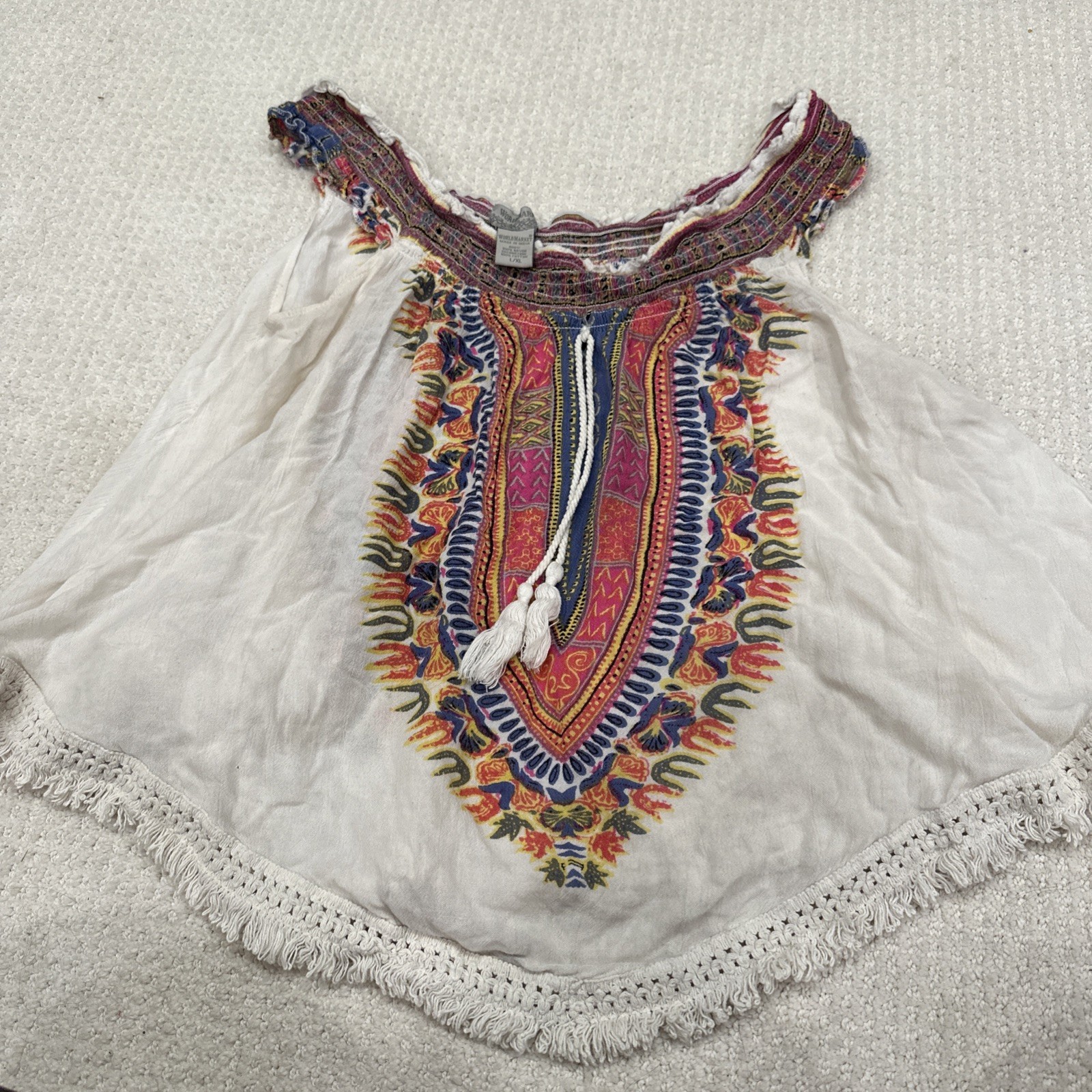 Wold Market Lg/xlg Hippie Blouse Sleevless Festival Shirt Fringe