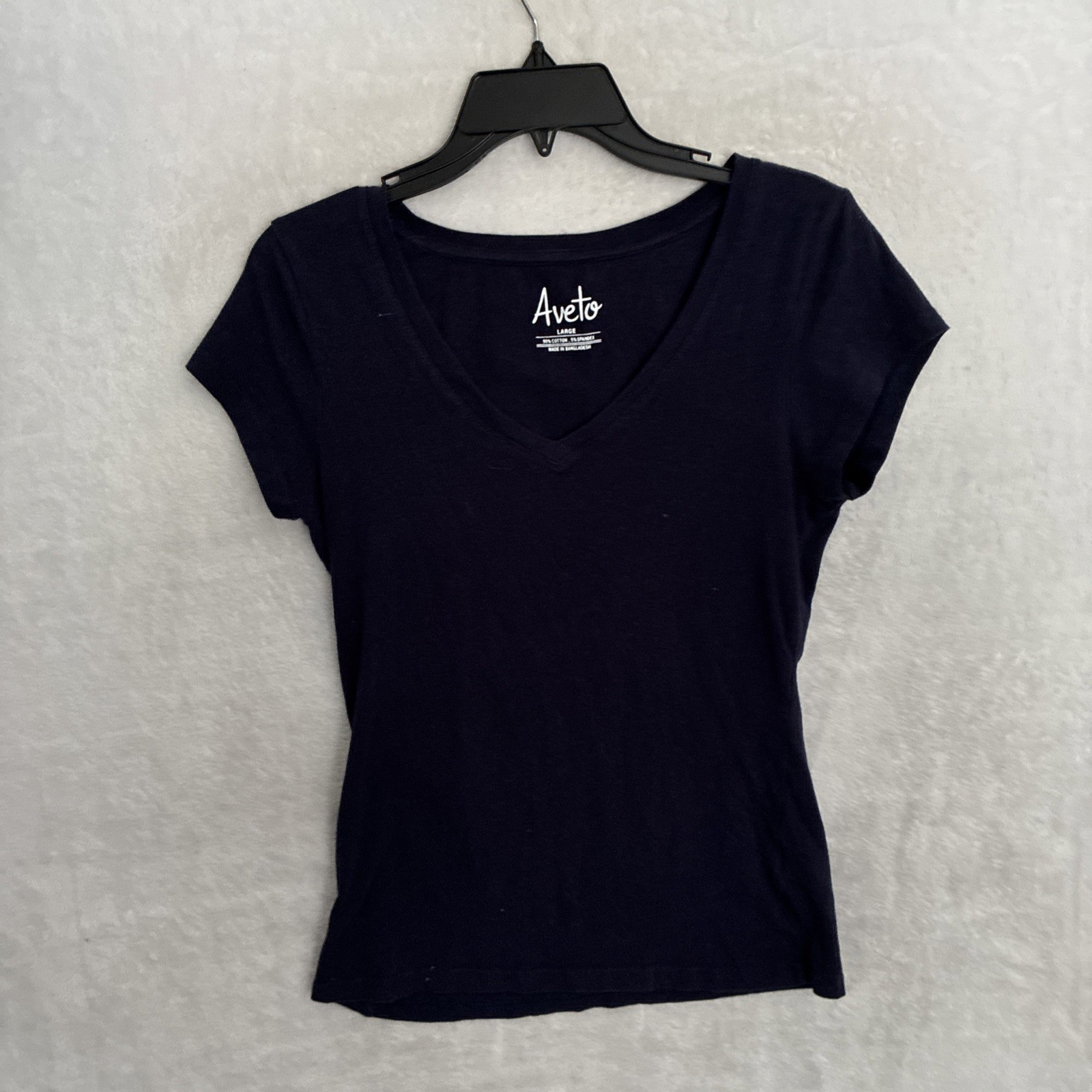Aveto Womans Blouse Top Blue Solid Large Cotton Blend Short Sleeve V Neck