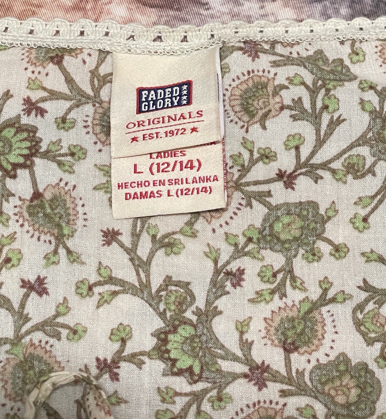 Faded Glory Womens Boho Peasant Floral Lace Blouse Size Large Fairy Cottagecore