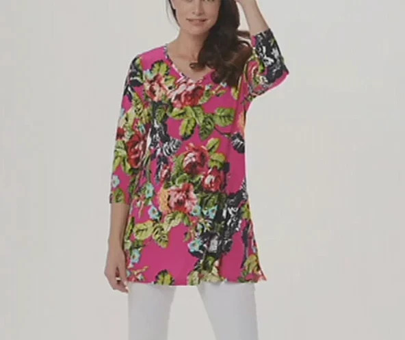 Attitudes by Renee Printed V-Neck Tunic W/ Pockets Fuchsia SZ XL NEW W/Tags