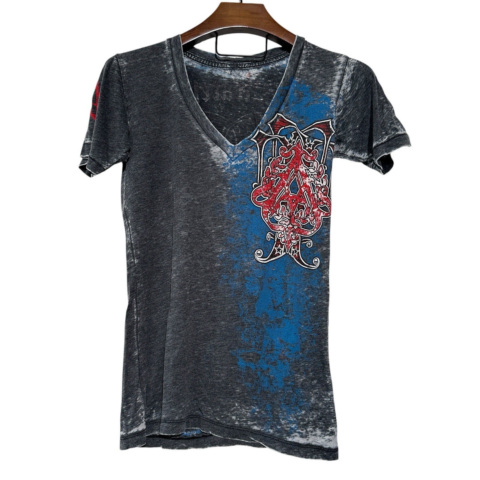 ARCHAIC by AFFLICTION Women’s Gray V-neck Short Sleeve Lightweight Shirt Large