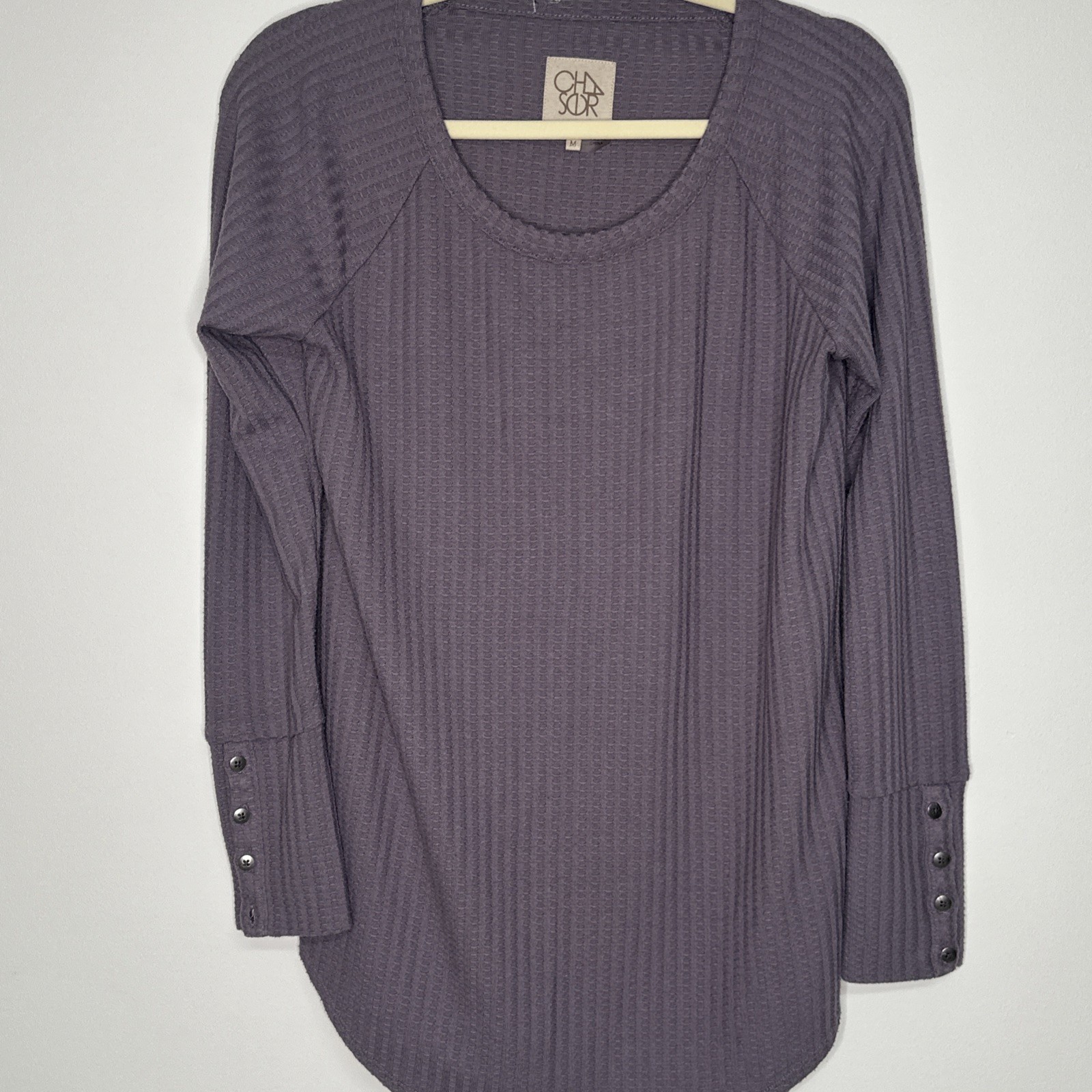 Chaser Purple Waffle Knit Long Sleeve Button Shirt Women’s M Dolphin Hem Boho