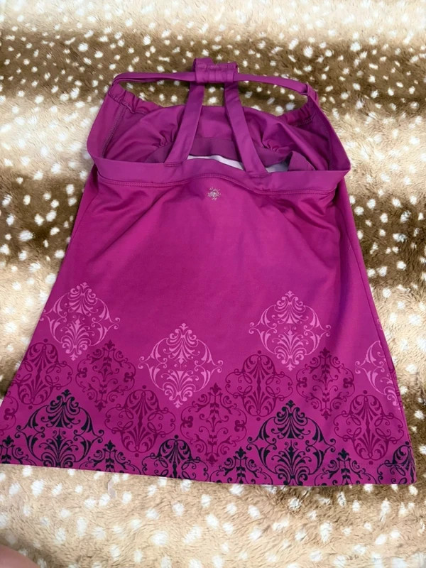 Purple halter top with black and lighter purple damask pattern size small