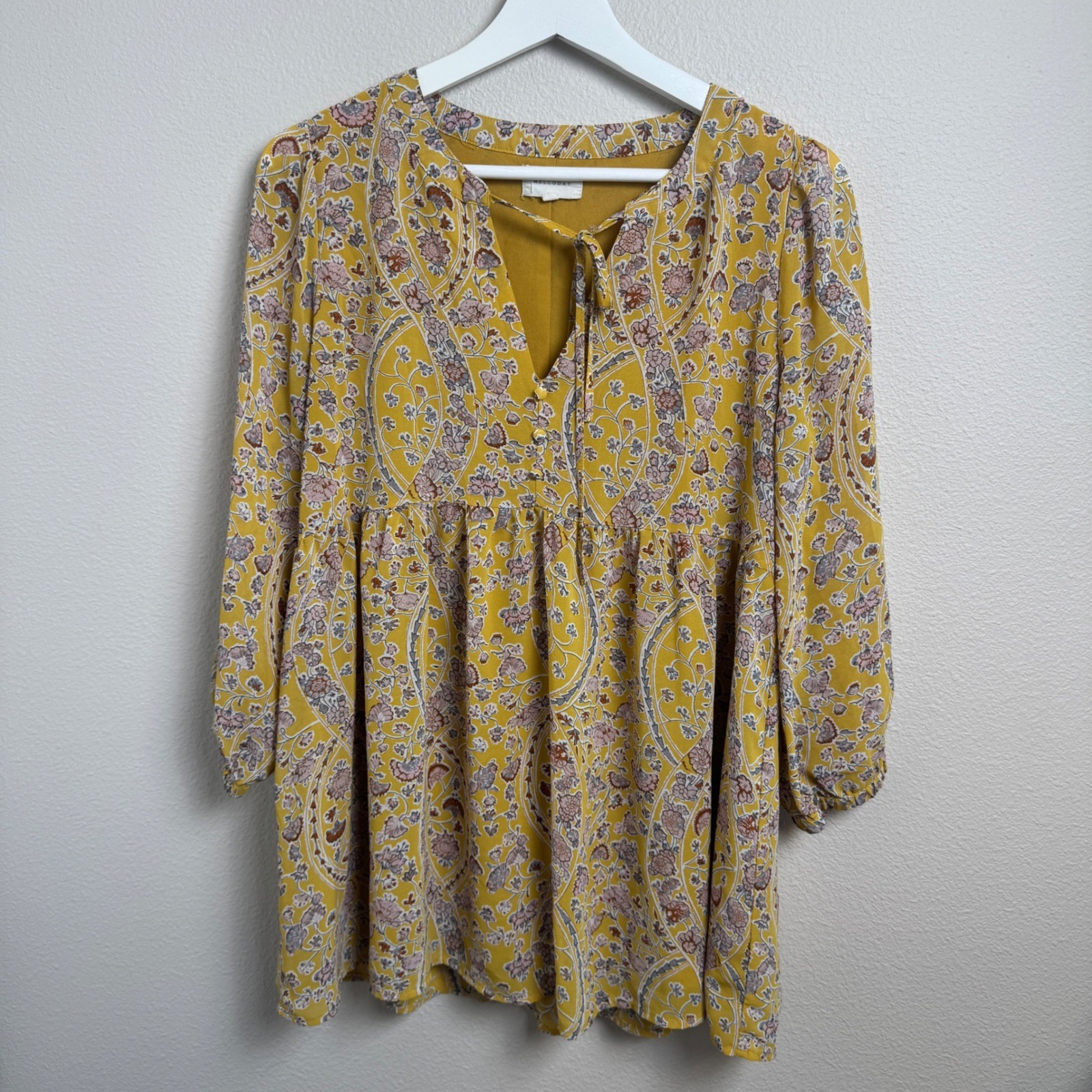 Melloday Mustard Yellow Floral Paisley Babydoll Tunic Top Boho Flowy Womens M