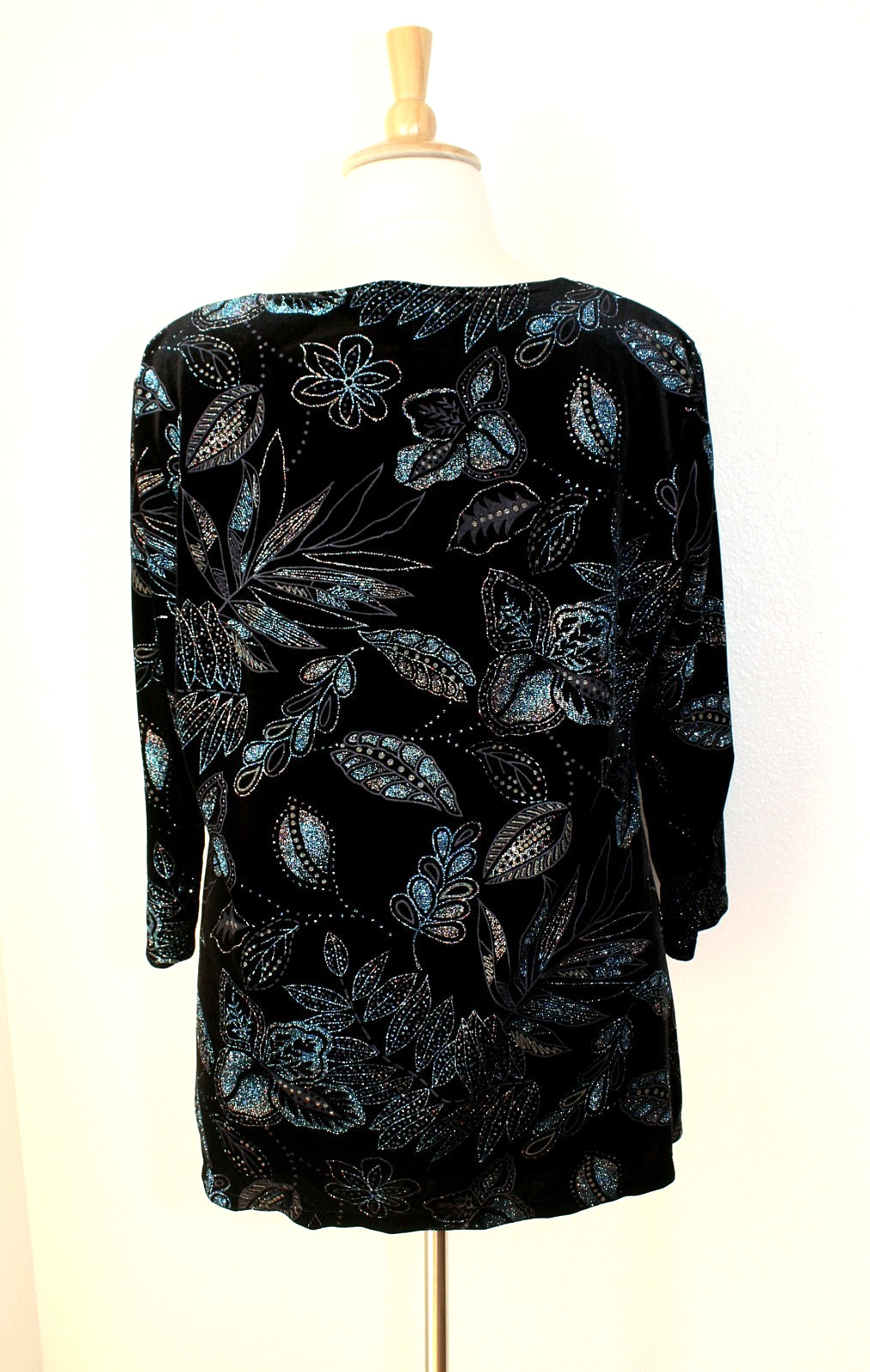 NOTATIONS Knit Party Cocktail Top Tunic 3/4 Sl. Black / Sparkling Floral 1X #04