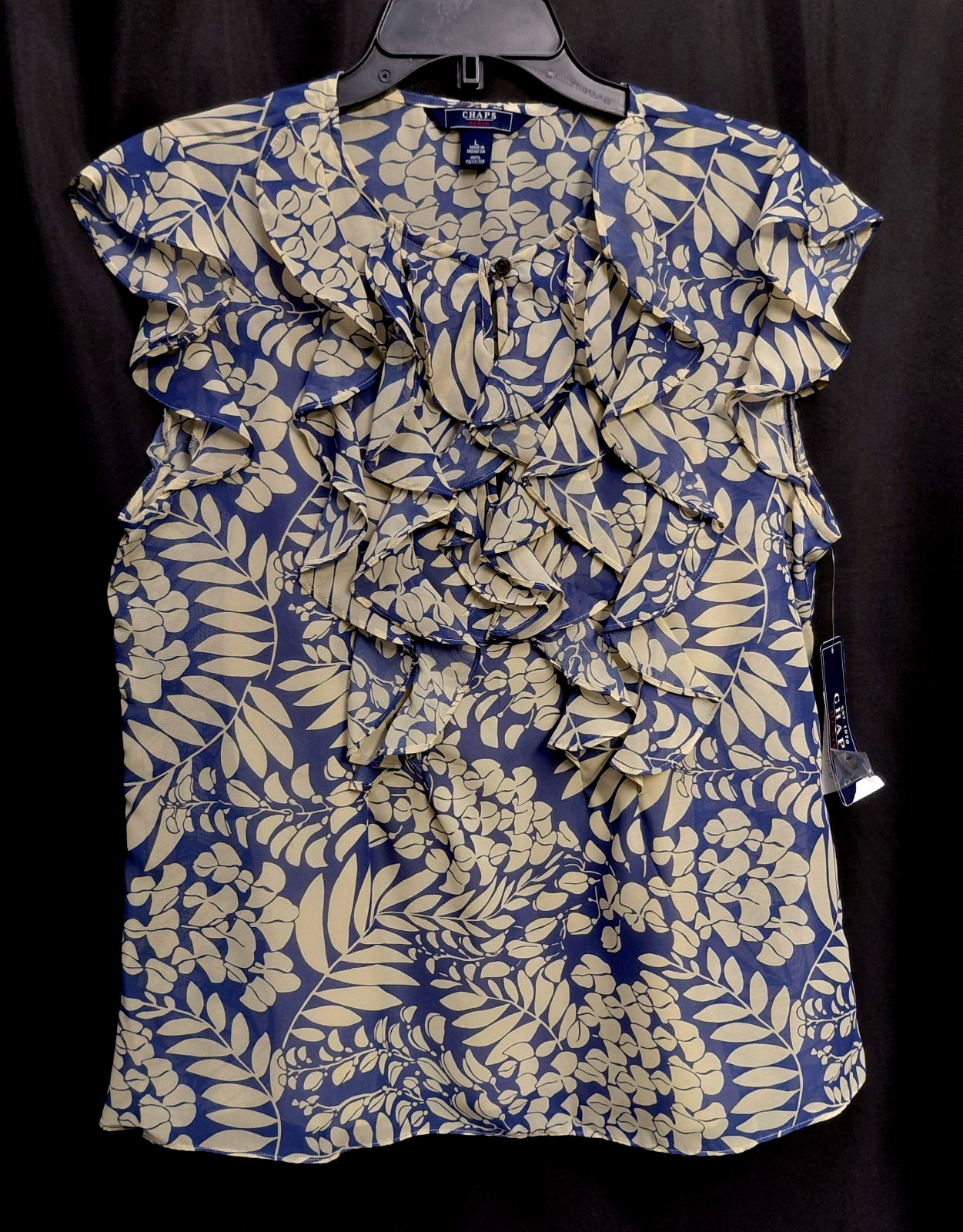 L CHAPS DENIM 2 PC CREPE CHIFFON CAP SLEEVES KEYHOLE RUFFLED BUTTON TOP BLOUSE