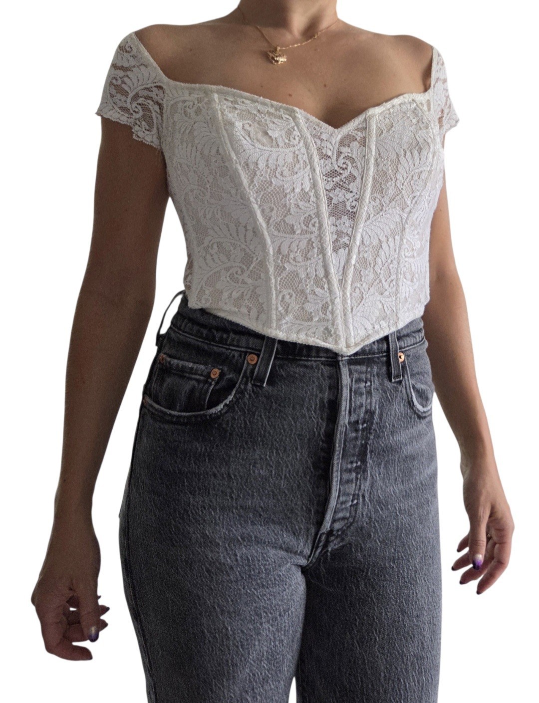VTG Y2K On Gossamer Ivory Lace Corset Crop Top M Off Shoulder Boned Coquette