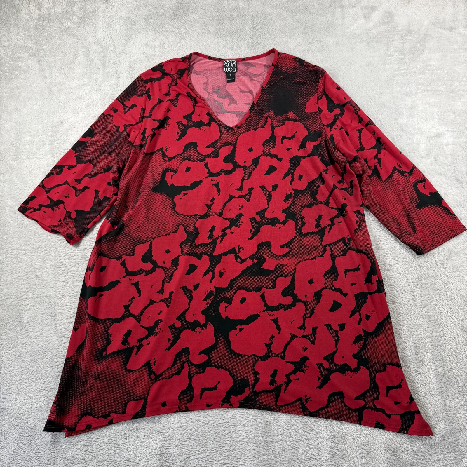 Clara Sun Woo Tunic Top Womens 1X Red Artsy Boho Office Career Shirt Stretch