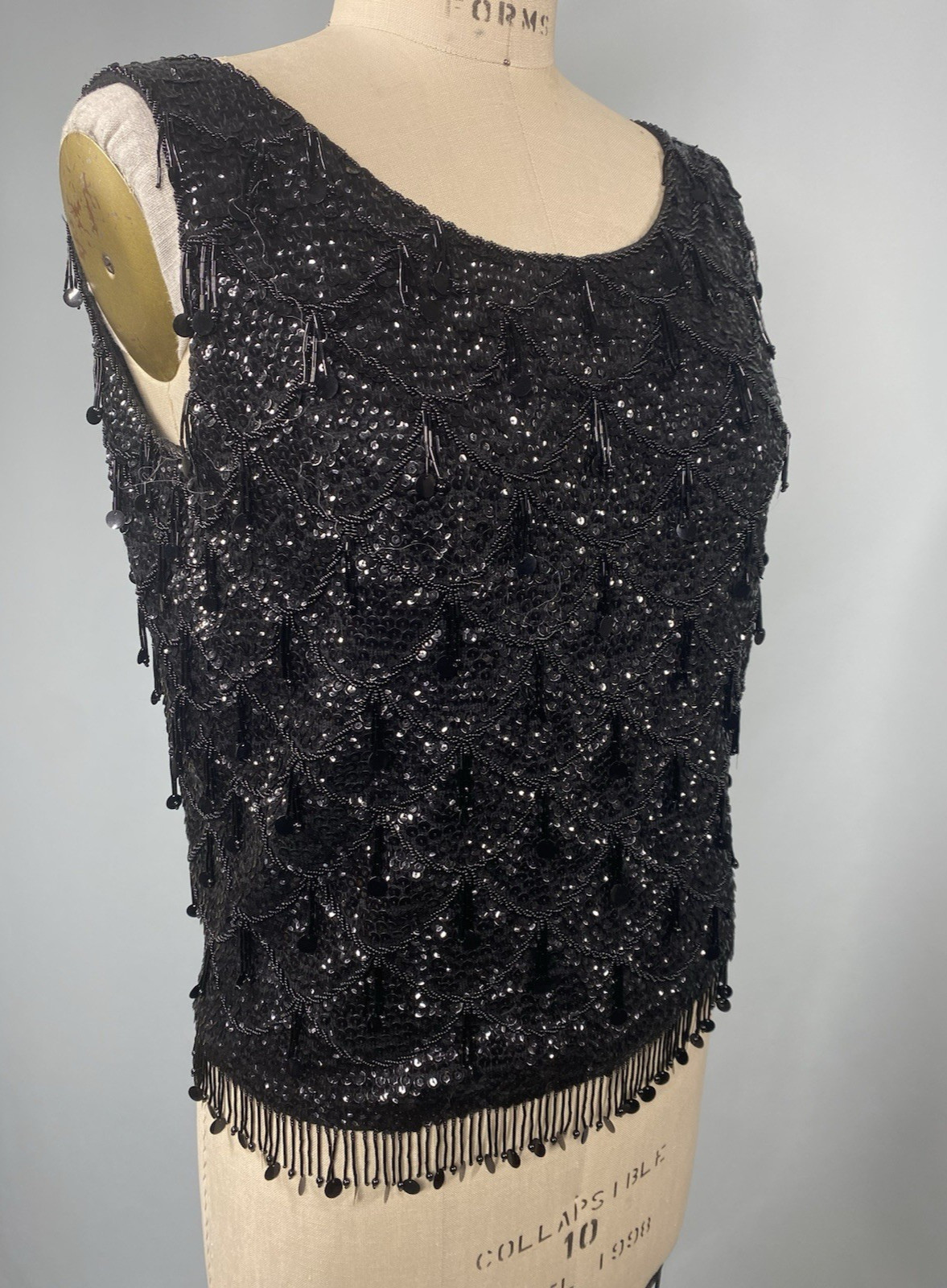 Vintage Sequin Top SIZE MEDIUM M black beaded fringe MACY’S Hong Kong 60s 70s