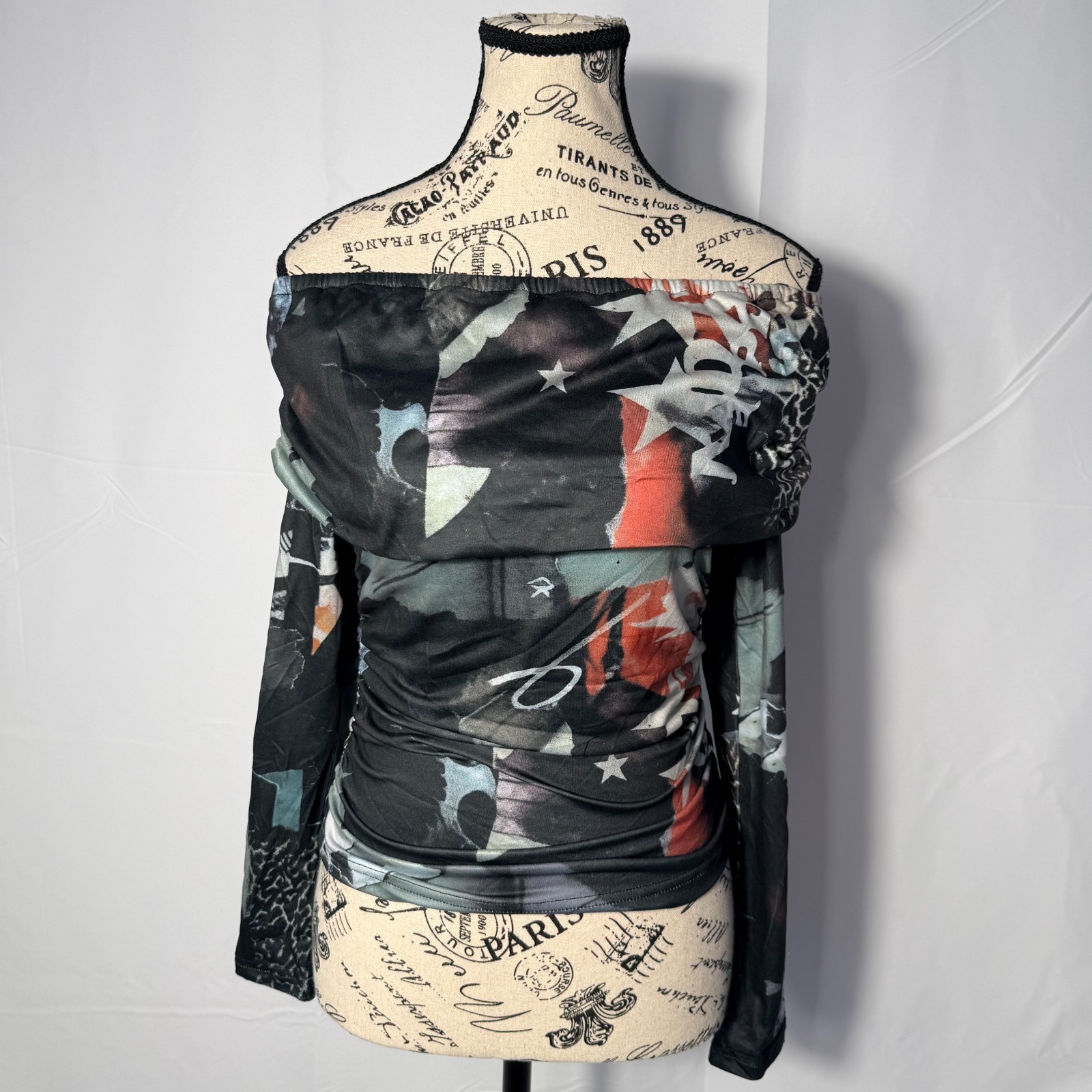 SHEIN Womens Off Shoulder Knit Bodycon Long Sleeve Ruched Graphic Top Sz LRG New
