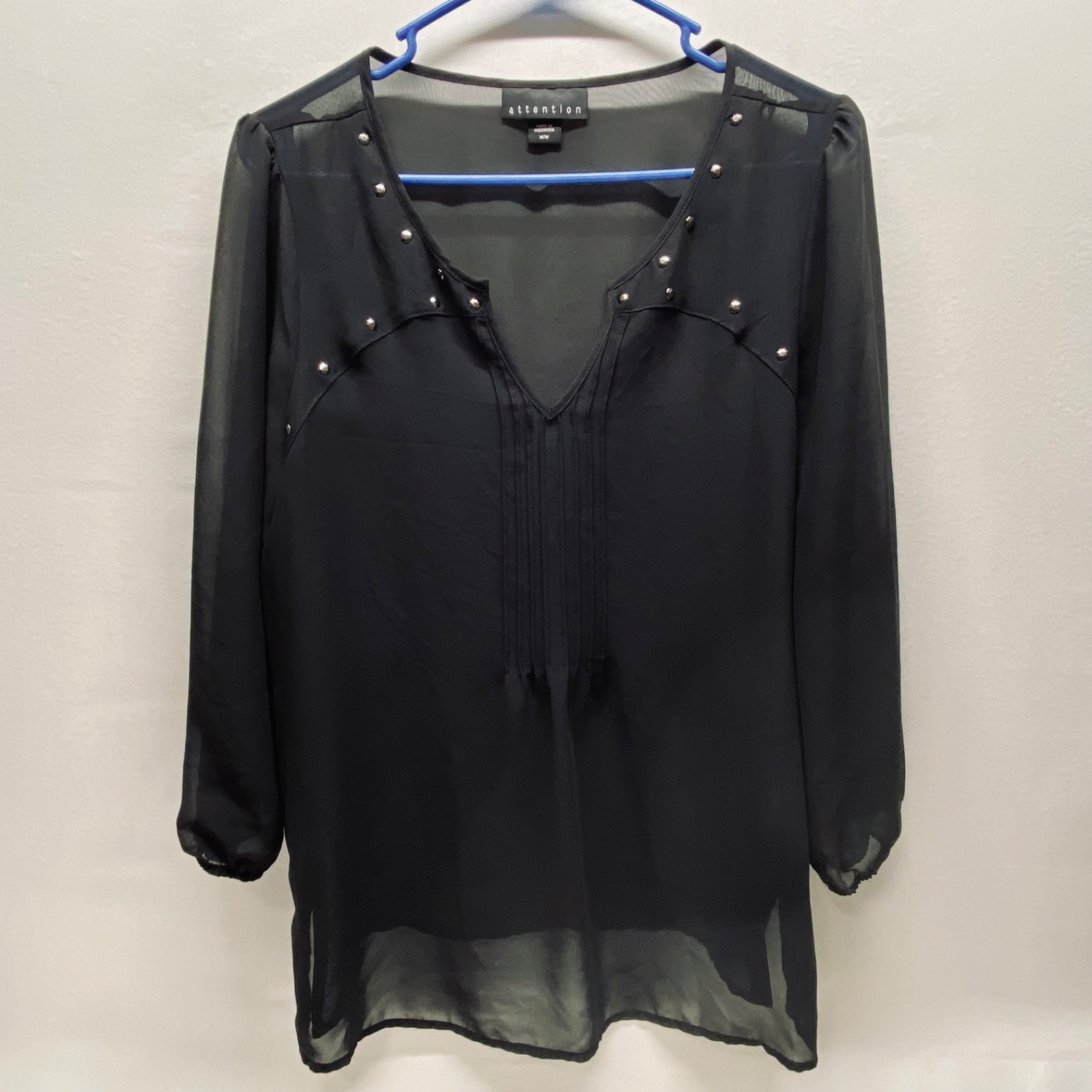Attention Blouse Womens Medium Black Sheer V-Neck Studded 3/4 Sleeve Popover Top