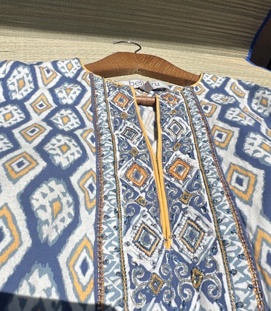 $228 Bella Tu Quinn Ikat Printed Tunic Blouse Top Blue White Size S New