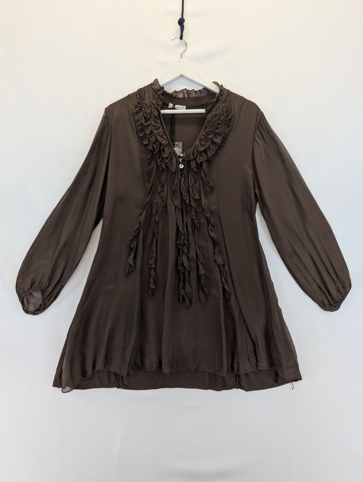 Made in Italy Brown Silk Blend Ruffle Tunic Blouse Size 16 NWT