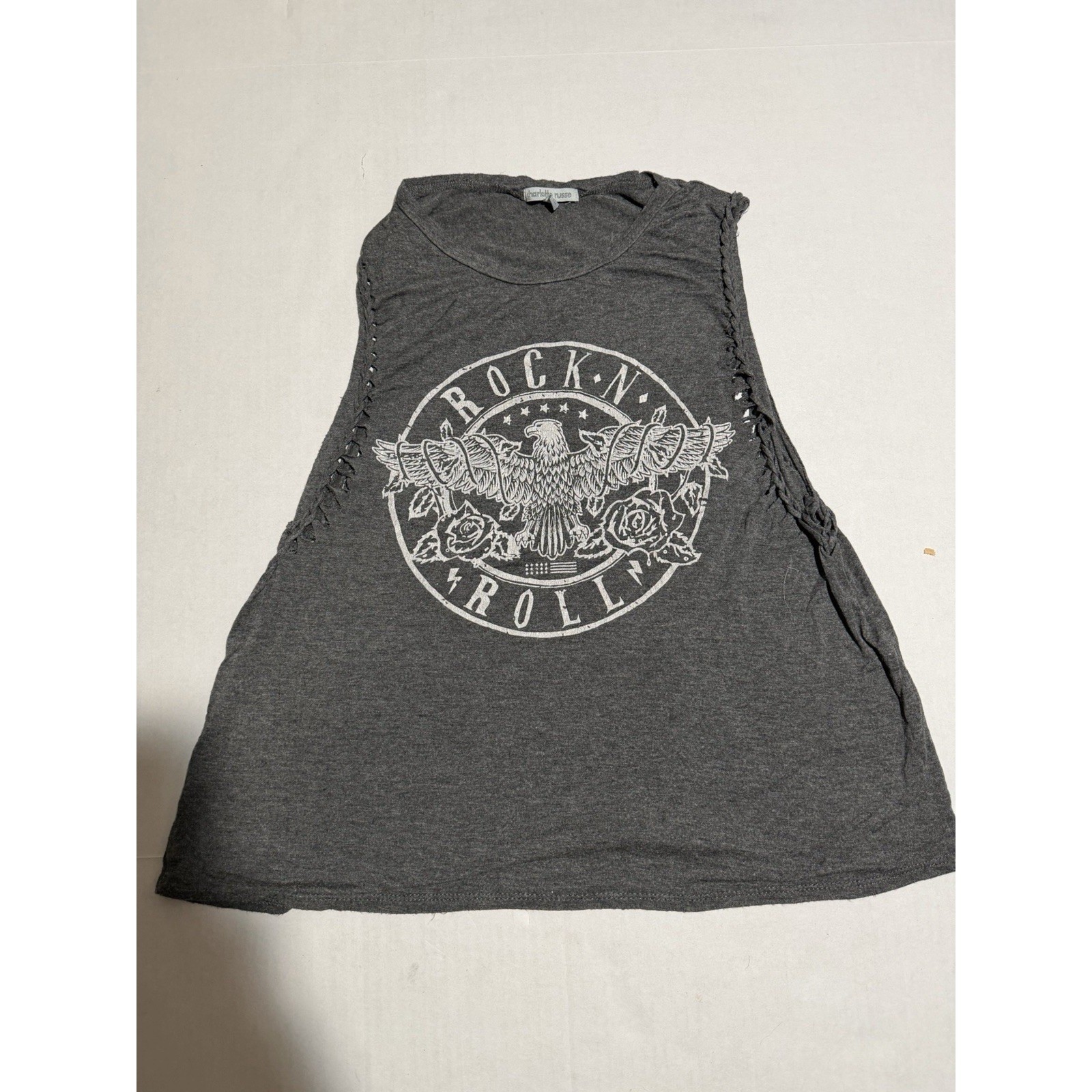 charlotte russe grey ‘rock n roll’ sleeveless women’s small grunge tee