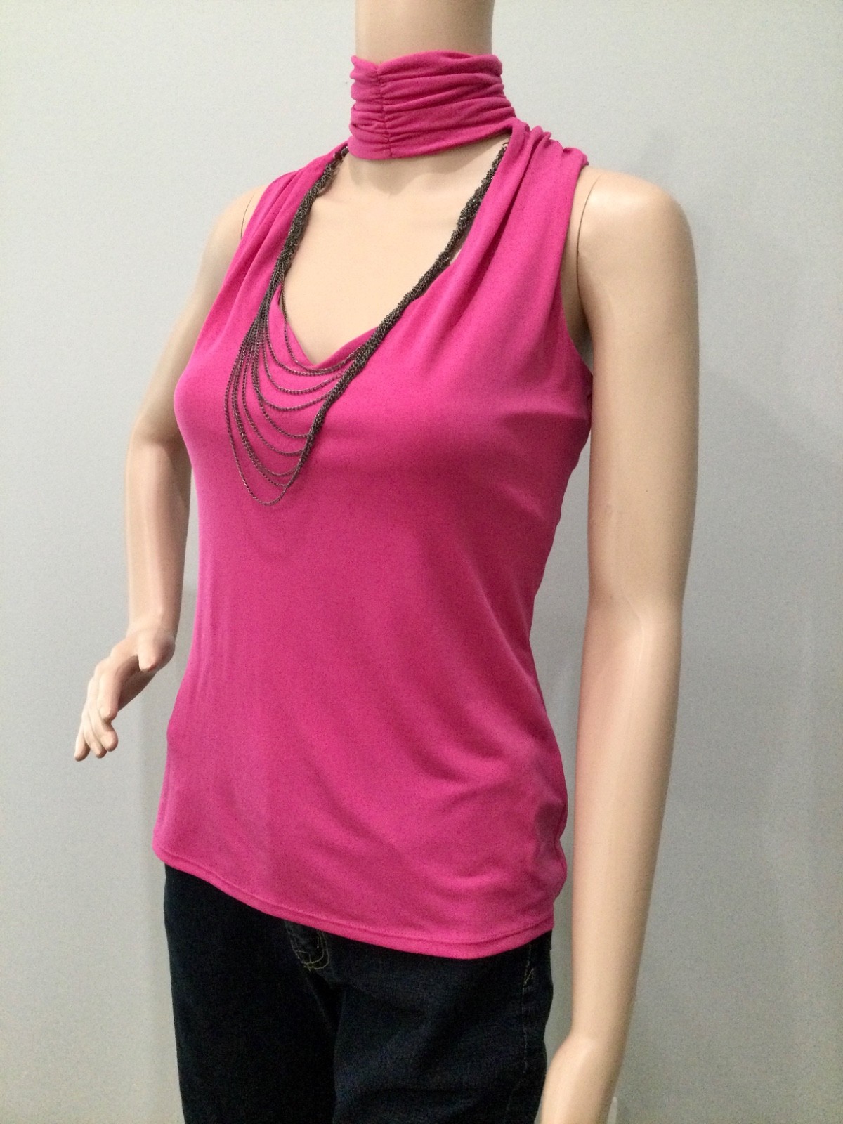 Bisou Bisou Pink Ruched Mock Neck Top Chain Detail Open Back Y2K Glam Size M